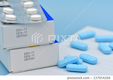 Manufacturing date and expiry date on some pharmaceutical packaging. 137054268