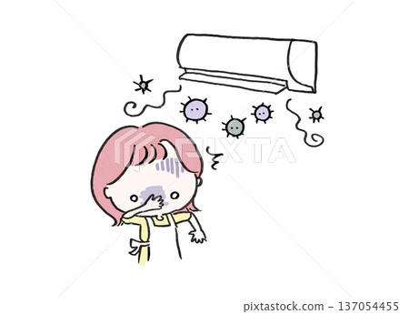 Illustration of a woman panicking because the air conditioner smells moldy (cleaning/house cleaning) Illustration of a woman panicking because the air conditioner smells moldy (cleaning/house cleaning) 137054455