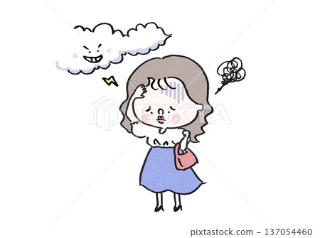 A woman who is unwell and has a headache due to changes in atmospheric pressure (weather-related illness/weather pain) 137054460