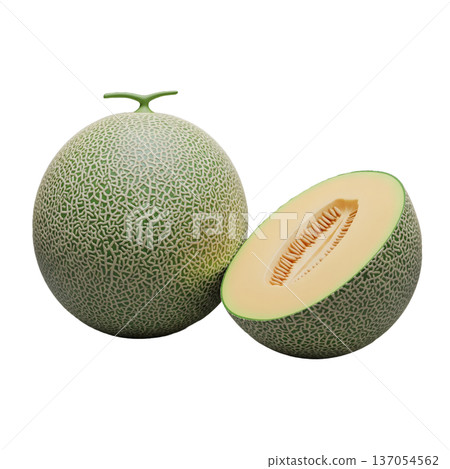3D Melon Illustration with Whole Textured Fruit and Slice 137054562
