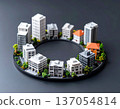 Diversified real estate investment portfolio represented by building models arranged in a circle 137054814