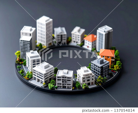 Diversified real estate investment portfolio represented by building models arranged in a circle 137054814