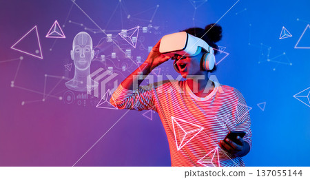 Engaging Young Woman Using Virtual Reality Headset Surrounded by Digital Data and Analytics Graphics in a Futuristic Environment XDMCP 137055144