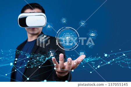 Man in Virtual Reality Glasses Engaging with Digital Marketing Automation Tools Using Artificial Intelligence and Generative Techniques for Enhanced Strategies XDMCP 137055145