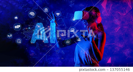 Engaging female figure wearing virtual reality headset amidst vibrant digital backdrop symbolizing generative AI, personal assistants, and innovative technology XDMCP 137055146