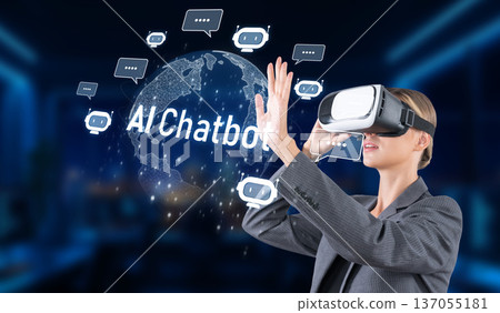 Woman Using VR Headset Interacting with AI Chatbot Interface for Automation and Machine Learning in a Futuristic Digital Environment XDMCP Woman Using VR Headset Interacting with AI Chatbot Interface for Automation and Machine Learning in a Futuristic Digital Environment XDMCP 137055181