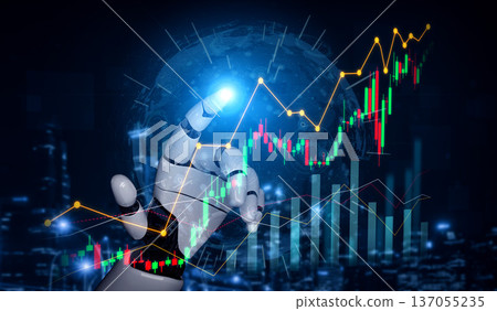 Futuristic robotic hand interacting with digital financial graphs and data visualization, showcasing technology and innovation in finance Scalp 137055235