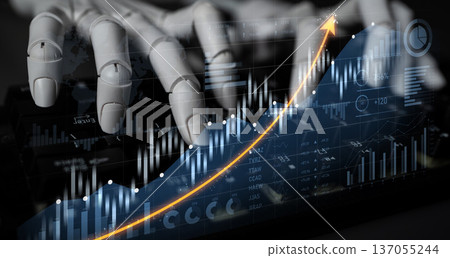 Futuristic robotic hand typing on keyboard while analyzing digital graphs and financial growth indicators in a modern technology environment Scalp Futuristic robotic hand typing on keyboard while analyzing digital graphs and financial growth indicators in a modern technology environment Scalp 137055244