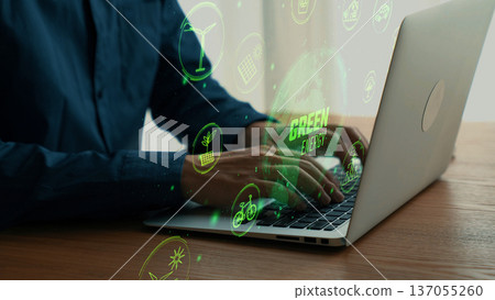 Innovative Technology for Sustainable Energy Solutions Featuring Green Energy Icons and Laptop Usage Cipher Innovative Technology for Sustainable Energy Solutions Featuring Green Energy Icons and Laptop Usage Cipher 137055260