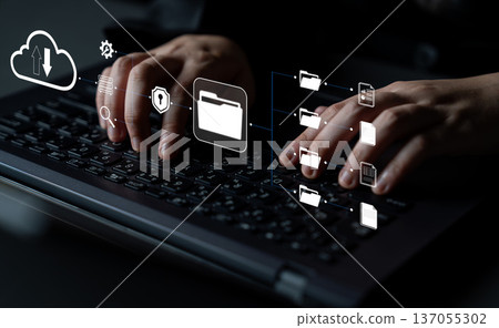 Innovative Technology Concept Featuring Hands Typing on Laptop Keyboard with Digital Cloud Storage Icons and File Management Graphics Quark Innovative Technology Concept Featuring Hands Typing on Laptop Keyboard with Digital Cloud Storage Icons and File Management Graphics Quark 137055302