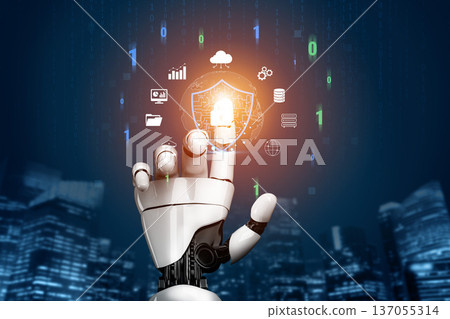 Robotic Hand Holding Shield Symbol with Digital Icons, Futuristic Technology Concept of Cybersecurity and Data Protection in Smart City Environment Quark Robotic Hand Holding Shield Symbol with Digital Icons, Futuristic Technology Concept of Cybersecurity and Data Protection in Smart City Environment Quark 137055314