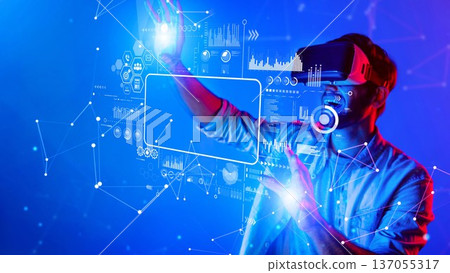 Innovative Individual Engaging with Virtual Reality Technology while Interacting with Data and Graphics in a Futuristic Digital Space Environment. Raster 137055317