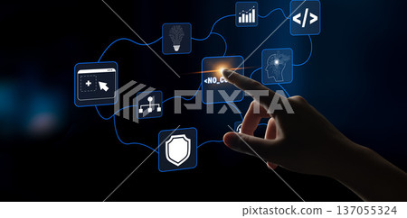 Futuristic Touchscreen Interface with Hand Gestures and Various Digital Icons Representing Technology and Connectivity Quark 137055324