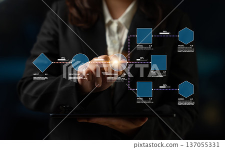 Business professional using digital interface for data processing and model selection, showing workflow and decision-making in technology environment Quark 137055331