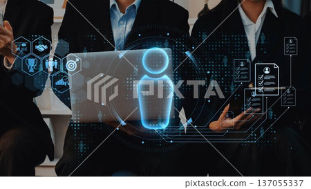 Professional Team Collaborating on Business Strategy with Digital Interface Visualizing Data and Information in Modern Office Space. Raster Professional Team Collaborating on Business Strategy with Digital Interface Visualizing Data and Information in Modern Office Space. Raster 137055337