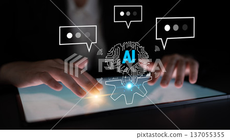 Hands Using Smart Device with AI Concept and Speech Bubbles in Dark Environment Representing Modern Technology and Communication Quark Hands Using Smart Device with AI Concept and Speech Bubbles in Dark Environment Representing Modern Technology and Communication Quark 137055355