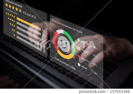 Customer Reviews Rating and Sentiment Analysis Display on a Laptop with Graphs and Scores for Online Feedback Assessment Gantry Customer Reviews Rating and Sentiment Analysis Display on a Laptop with Graphs and Scores for Online Feedback Assessment Gantry 137055366