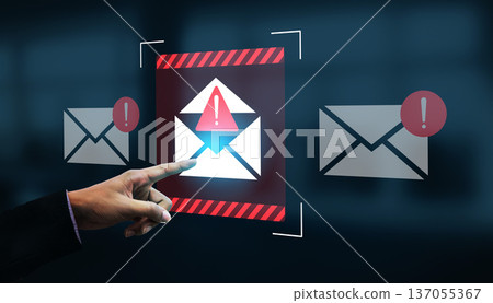 Digital Security Notification Concept with Email Alert, Warning Icon, and Hand Pointing to Critical Message on Screen Background Gantry Digital Security Notification Concept with Email Alert, Warning Icon, and Hand Pointing to Critical Message on Screen Background Gantry 137055367