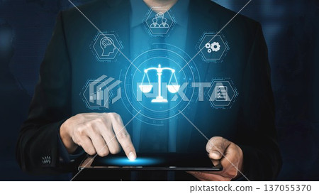 Digital law interface displaying justice scale, highlighting digital law Muxer 137055370