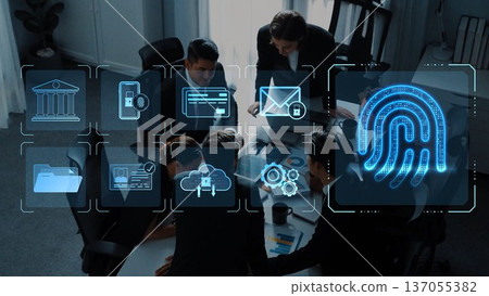 Business Team Collaborating on Digital Security Solutions with Fingerprint Technology in Modern Office Setting. Raster 137055382