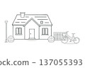 Scandinavian style street corner house and bicycle set (line drawing) 137055393