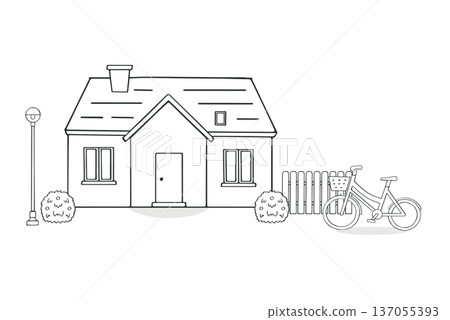 北歐風格街角房屋和自行車套裝（線條描圖） 137055393