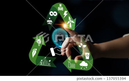 Hand Reaching Toward Green Icons Representing Sustainable Development and Eco-Friendly Practices with Earth and Recycling Elements Quark 137055394