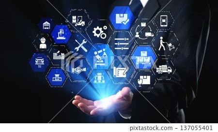 Mechanized industry automation with robotic arms, gears and production line icons Gist 137055401