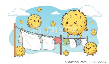 Cute illustrations of spring cedar pollen characters scattering around town and indoors | Hay fever in residential areas, laundry, living rooms, and bedrooms 137055407