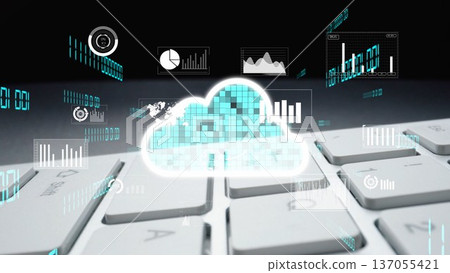 Digital Cloud Computing Concept with Data Analytics Graphs and Charts on a Keyboard for Technology and Business Visualizations xenic 137055421