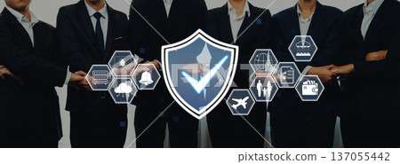 Group of Business Professionals Collaborating on Security Solutions with Digital Icons Representing Risk Management and Protection Strategies Quark Group of Business Professionals Collaborating on Security Solutions with Digital Icons Representing Risk Management and Protection Strategies Quark 137055442