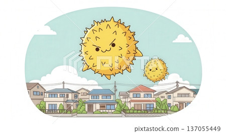 可愛的插圖描繪了春季雪松花粉散落在城鎮各處和室內的情景 | 花粉熱席捲住宅區、洗衣房、客廳和臥室 137055449