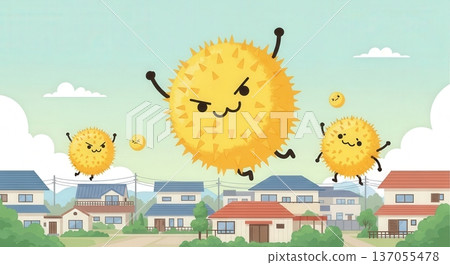 可愛的插圖描繪了春季雪松花粉散落在城鎮各處和室內的情景 | 花粉熱席捲住宅區、洗衣房、客廳和臥室 137055478