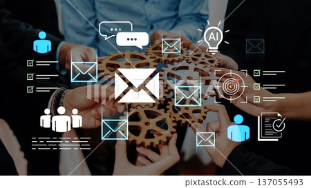 Collaboration and Communication Concept with Gears and Digital Icons in a Business Environment Representing Teamwork and Innovation Solutions Gluon Collaboration and Communication Concept with Gears and Digital Icons in a Business Environment Representing Teamwork and Innovation Solutions Gluon 137055493