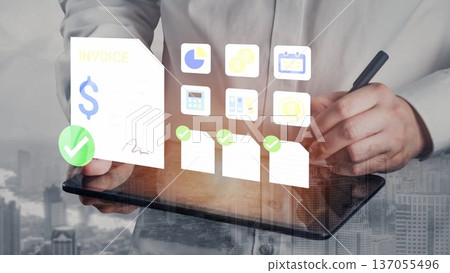 Businessman Holding Invoice Document with Digital Icons over City Background Illustrating Modern Finance and Accounting Concepts for Professionals Gluon 137055496