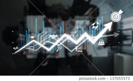 Abstract Image of Business Concepts with Growth Arrow and Various Icons Representing Innovation, Data, and Success in Modern Corporate Environment. Raster Abstract Image of Business Concepts with Growth Arrow and Various Icons Representing Innovation, Data, and Success in Modern Corporate Environment. Raster 137055573