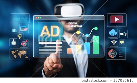 Businessman in Virtual Reality Glasses Engaging with Digital Marketing Data and Ad Analytics in a Futuristic Office Environment. Raster Businessman in Virtual Reality Glasses Engaging with Digital Marketing Data and Ad Analytics in a Futuristic Office Environment. Raster 137055613