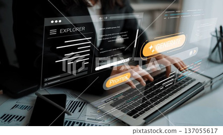 Modern Business Professional Engaging with Futuristic Technology and Digital Interfaces While Using Laptop in Office Environment for Innovation Gluon Modern Business Professional Engaging with Futuristic Technology and Digital Interfaces While Using Laptop in Office Environment for Innovation Gluon 137055617