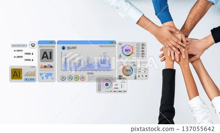 Collaborative Team Effort with Data Analysis and AI Visuals Representing Productivity and Innovation in Business Environment. Raster 137055642