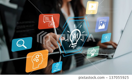 Creative professional using digital technology to explore artificial intelligence concepts and data analytics in a modern workspace Gluon 137055925