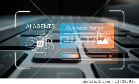 Digital representation of AI agents with a command prompt interface displayed on a modern keyboard showcasing artificial intelligence technology Gluon Digital representation of AI agents with a command prompt interface displayed on a modern keyboard showcasing artificial intelligence technology Gluon 137055935