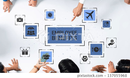 Engaging Workplace Focus on Employee Benefits with Visual Icons and Diverse Hands Collaborating in Agreement and Discussion Gluon 137055968