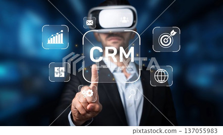 Business Professional Using Virtual Reality Technology to Manage Customer Relationship Strategies in Modern Digital Environment. Raster Business Professional Using Virtual Reality Technology to Manage Customer Relationship Strategies in Modern Digital Environment. Raster 137055983
