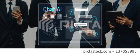 Professional Team Engaging with Chat AI Technology for Business Communication and Innovative Solutions in a Modern Meeting Environment Trope Professional Team Engaging with Chat AI Technology for Business Communication and Innovative Solutions in a Modern Meeting Environment Trope 137055993