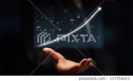 Businessman Presenting Digital Growth Chart with Financial Symbols and Data Visualizations in Modern Office Environment Copula Businessman Presenting Digital Growth Chart with Financial Symbols and Data Visualizations in Modern Office Environment Copula 137056025