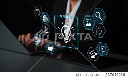 Business professional using laptop with AI icons and brain graphics demonstrating technology innovation and digital transformation in modern workspace Gluon 137056026