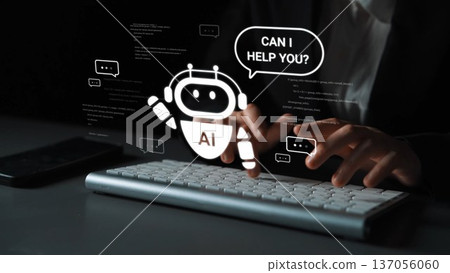 Futuristic chatbot interaction on a computer keyboard showcasing AI technology for customer support and online assistance in a dark workspace environment Gluon Futuristic chatbot interaction on a computer keyboard showcasing AI technology for customer support and online assistance in a dark workspace environment Gluon 137056060