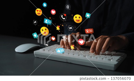 Digital communication concept with social media icons and keyboard illustrating online interaction, engagement, and connectivity in a modern workspace environment Gluon Digital communication concept with social media icons and keyboard illustrating online interaction, engagement, and connectivity in a modern workspace environment Gluon 137056070