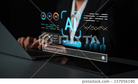 Futuristic concept of artificial intelligence and data analysis in a professional setting, showcasing user interaction with digital interface elements Gluon 137056190