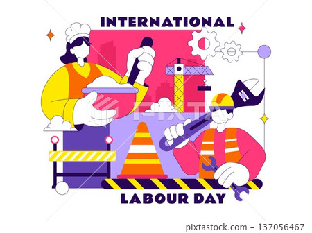 International Labour Day Vector Illustration on 1 May Featuring Diverse Professions and Appreciation Message Honoring Workers Dedication in Background 137056467